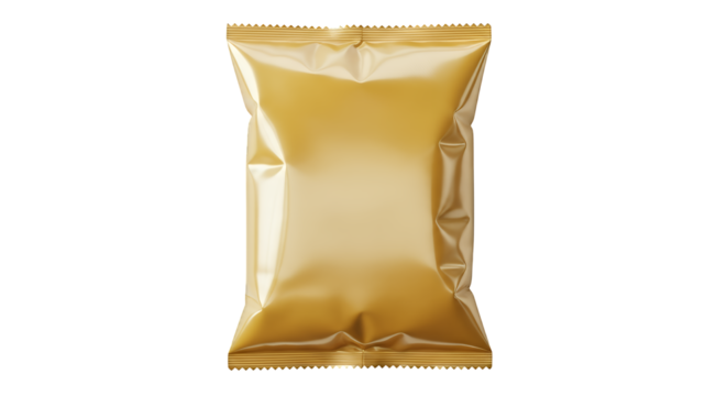 Blank golden foil snack pouch packaging mockup for branding, a clean metallic plastic packet for food products, isolated on transparent background
