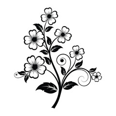 Floral branch with blossoms black and white silhouette