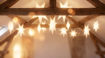 Glowing Star Lights Under Rustic Wooden Beams