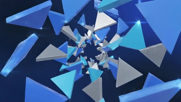 Abstract Tunnel Of Blue And Gray Triangles Rotating In A Futuristic Digital Space With Soft Light Effects