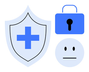 Obraz premium Shield with a cross, blue lock icon, and neutral face reflecting healthcare security, privacy, and protection. Ideal for data security, safety, medical care, trust confidentiality health records