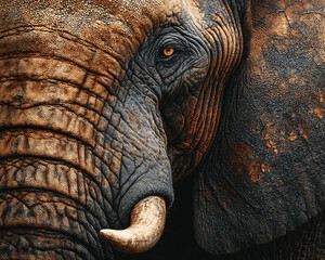 Majestic Close-Up of an African Elephant's Textured Face and Intense Orange Eye, Revealing its Ancient Wisdom and Powerful Presence in the Wild