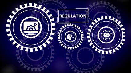 Interlocking gears with icons representing regulation artificial intelligence and technology on a dark blue background