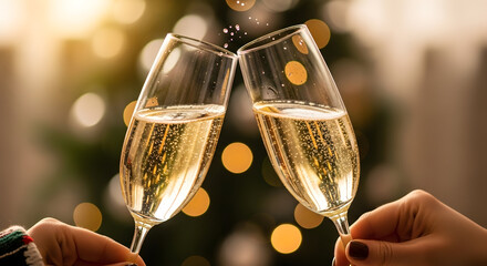 Cheers to new beginnings! Two glasses of bubbly champagne clinking together, celebrating moments of joy and success with soft, festive bokeh lights.