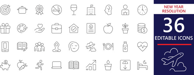 Minimal line icons themed around New Year resolutions, including fitness, wellness, finance, healthy habits, productivity, self-care, and lifestyle goals.