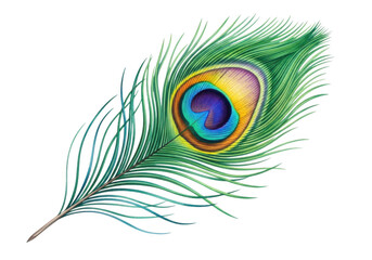 Obraz premium Vibrant iridescent peacock feather with striking eye pattern isolated. isolated on transparent background