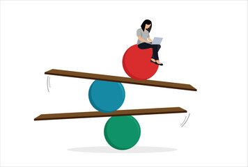 Work life balance, equality or weight between working for money and life happiness, health, success and healthy lifestyle concept, woman working with computer laptop while balance on equilibrium.