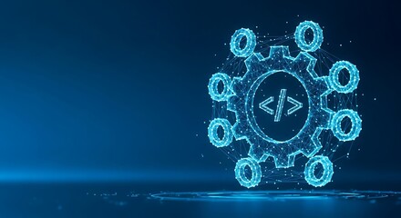 Abstract Digital Cogwheel with Code Symbol Representing Software Development and Engineering on a Blue Background