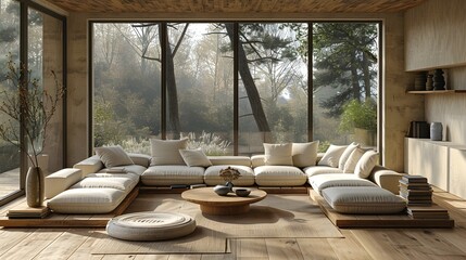 Modern Living Room Minimalist Light-Oak White-Plaster French Winter Style Snowy Forest View Soft Daylight Oversized Cream Sofa Elegant Design Luxurious Calm Ambiance (AI-Generated)