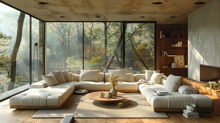 Modern Living Room Minimalist Light-Oak White-Plaster French Winter Style Snowy Forest View Soft Daylight Oversized Cream Sofa Elegant Design Luxurious Calm Ambiance (AI-Generated)