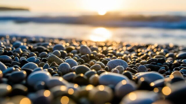 Smooth pebbles on a beach at sunset with ocean bokeh