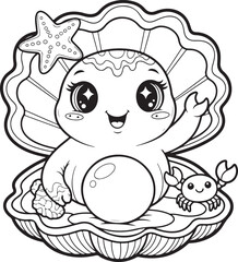 Adorable kawaii baby pearl character with crab and starfish inside a seashell coloring page, Generative Ai