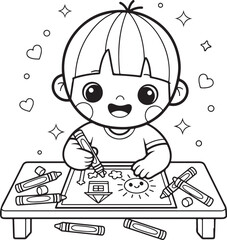 Adorable kawaii child enthusiastically drawing and coloring with crayons at a desk, Generative Ai