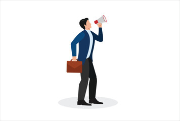 icon logo sign Businessman Holding Loudspeaker Announcing Message Vector Illustration. Public relation specialist speaking on a megaphone 
