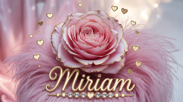Photorealistic Pink Rose Close-Up with Golden Glitter “Miriam” Text Overlay