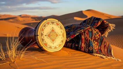 Desert scene with ethnic drum patterned carpet on sand dunes under a sky at dusk