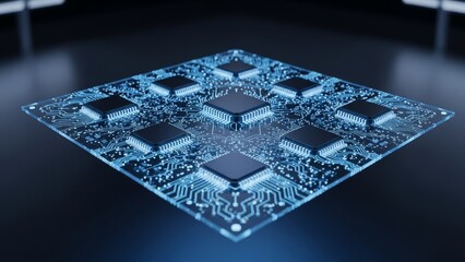 Diamondshaped computer chip with nine square black modules glowing blue circuits and a dark background