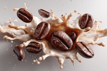 Coffee beans explode in creamy splash: dynamic energy and flavor burst for branding