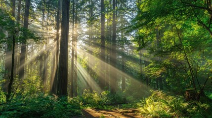Obraz premium Sunlight streams through the towering trees of a dense forest illuminating the vibrant greenery below. The peaceful scene captures the beauty of nature in early morning.