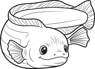 Whimsical line drawing of a cute and curious eel with big eyes and flowing fins, Generative Ai