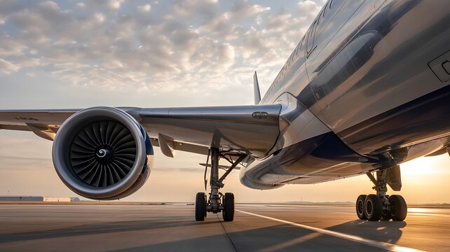 Close-up of Airplane Engine and Landing Gear at Sunset