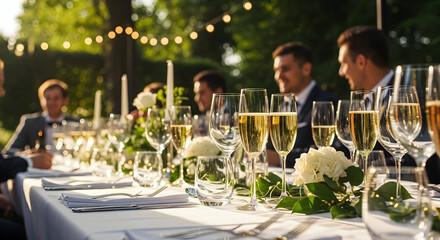 Elegant outdoor wedding reception with clinking champagne flutes and smiling guests enjoying a celebratory toast amidst golden hour light.