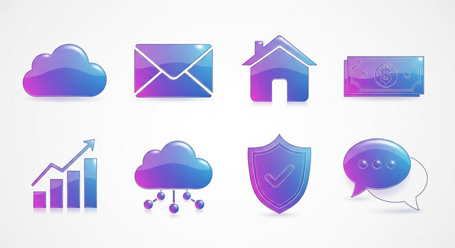 Glossy Detailed Icon Set of Cloud, Envelope, House, and Growth