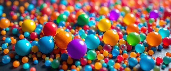 Vibrant, tiny spheres in diverse hues scattered on a surface,  colorful particles,  abstract