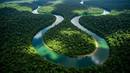Forest rivers wind through dense green trees The rivers form bends with clear water