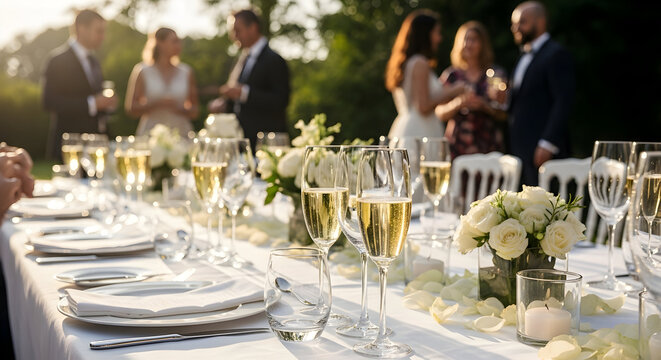 Elegant outdoor wedding reception table setting with champagne glasses and white roses bathed in warm golden hour sunlight