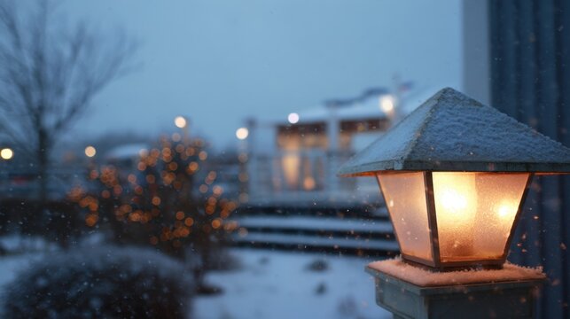 A lantern glows warmly as snowflakes fall gently in the evening. In the background lights twinkle on a nearby building creating a peaceful winter atmosphere.