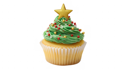 Christmas cupcake topped with green frosting and a star, AI, PNG