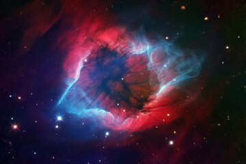 Cosmic nebula glowing with vibrant red and blue interstellar gas