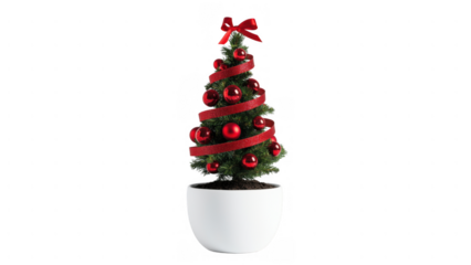 Small tree with red ornaments and ribbon, created AI, PNG