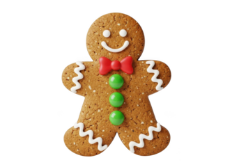 Gingerbread man cookie with icing smile, red bow tie, and green candy buttons isolated on transparent background