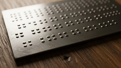 Gray braille card on a wood surface displays raised dots Shallow depth of field blurs the top