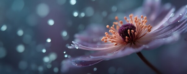 Close-up of a purple flower with orange stamen against a dreamy blue bokeh backdrop