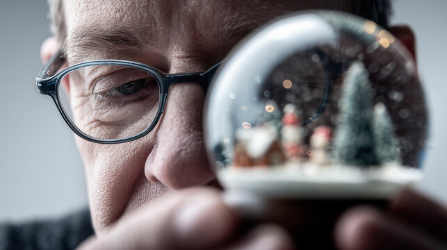 Old man looking at a Christmas snow globe up close. Concept of memory and nostalgia