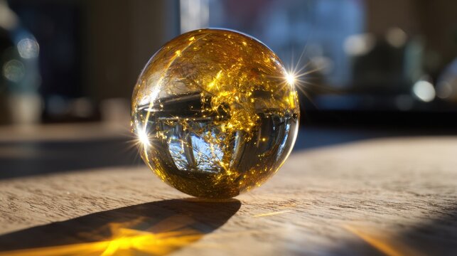 A shiny amber glass orb sits on a wooden table. It captures and reflects the warm light of the afternoon sun creating a stunning play of colors. The background hints at a peaceful indoor scene.