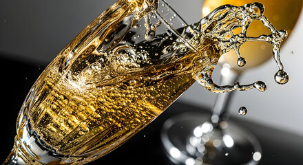 Bubbly champagne splashing dynamically from elegant crystal glass, capturing celebratory moments and luxurious toasts with effervescent delight.
