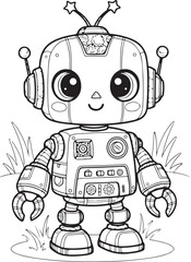 Adorable cartoon robot with big eyes and antennas ready for coloring fun, Generative Ai