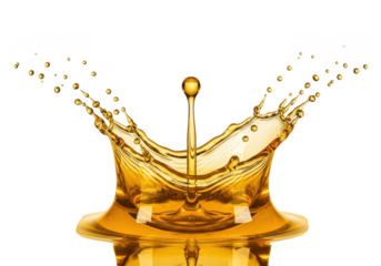 Dynamic golden liquid crown splash with numerous falling droplets isolated isolated on transparent background