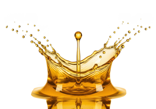 Dynamic golden liquid crown splash with numerous falling droplets isolated isolated on transparent background