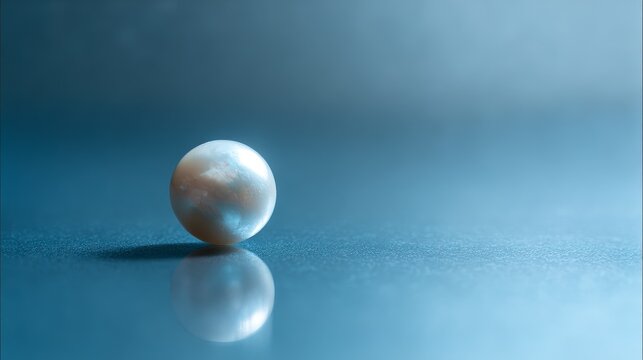 Luminous pearl rests on a blue surface reflecting subtly set against a soft background gradient