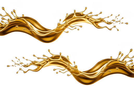 Golden liquid splash wave pattern with dynamic flowing droplets on isolated background. isolated on transparent background