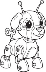Whimsical line art drawing of a cute mechanical puppy dog with antennas and wind up key, Generative Ai