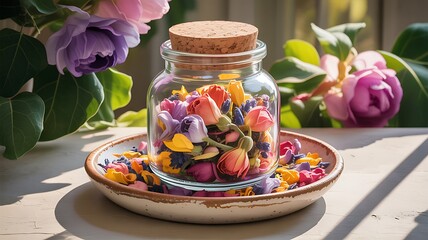 Jar of Colorful Flowers and Petals on a Plate