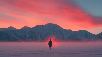 Obraz premium A lone figure stands before a breathtaking mountain range, bathed in the warm glow of a setting sun.