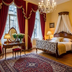 Elegant bedroom with antique furniture and rich red curtains.