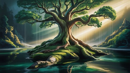 Majestic ancient tree on a small island in a tranquil lake